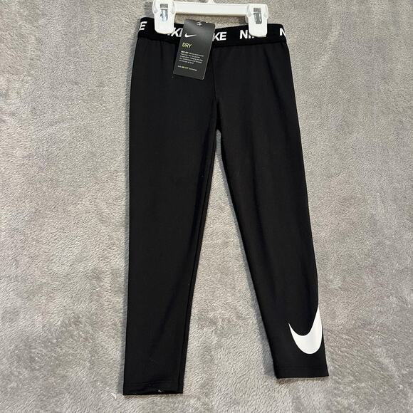 Nike Leggings Girls Medium 6 Black Dri-FIT Training Athletic Pants Swoosh New - Picture 1 of 4